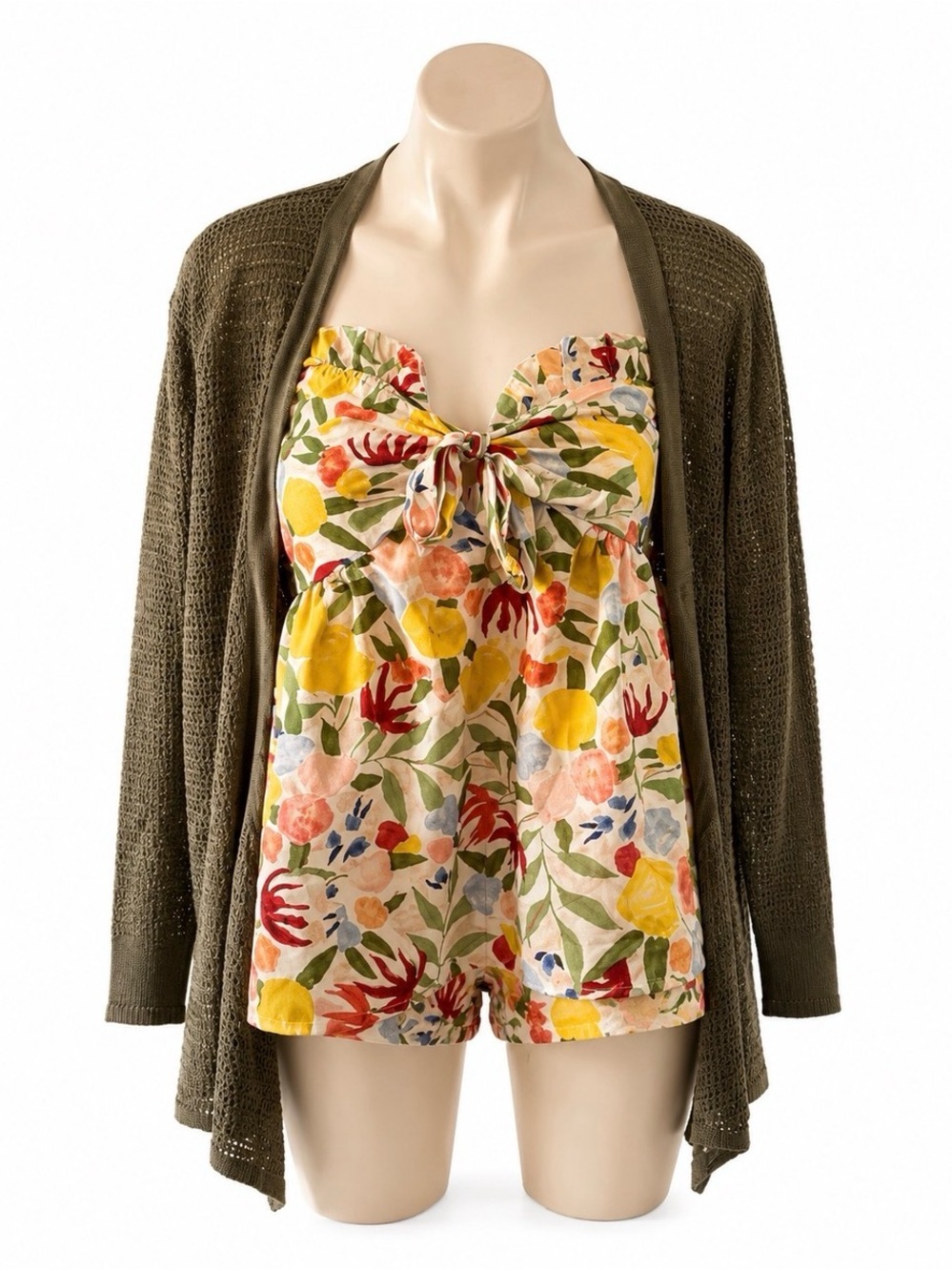 Simply Vera Vera Wang Olive Open-Knit Sweater Cardigan & Tube Top Floral Top Duo